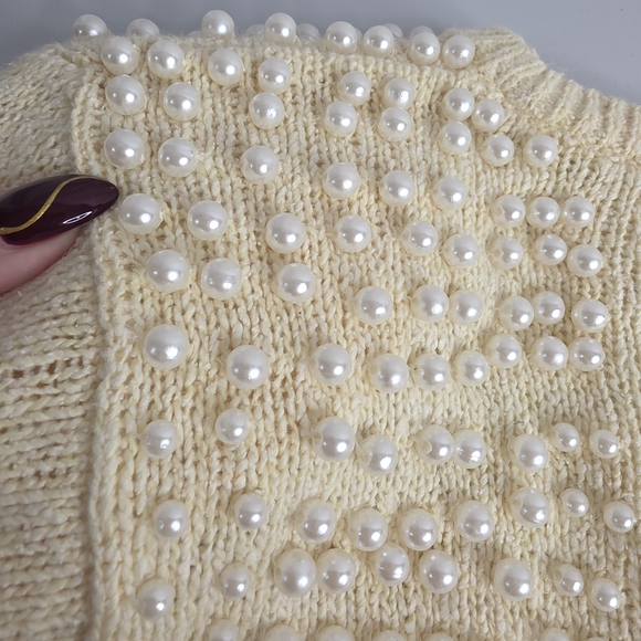 90's Raoul M Butter-Cream Sweater Dress Pearl Accents Angora Silk Vintage Ci1948 - Picture 4 of 13